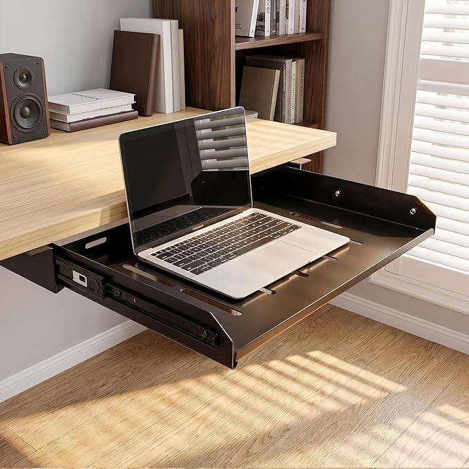 Under Desk Laptop Drawer with Air Vents, 16.3" x 12" Metal Laptop Drawer | Pull Out Under-Desktop Storage for Laptop & Accessories