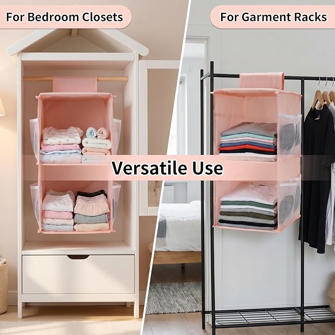 2-Shelf Closet Hanging Organizer Foldable Hanging Storage Shelves with Strong Magic Tapes Space-Saving Wardrobe Hanging Shelf for Clothes Towels Accessories Pink