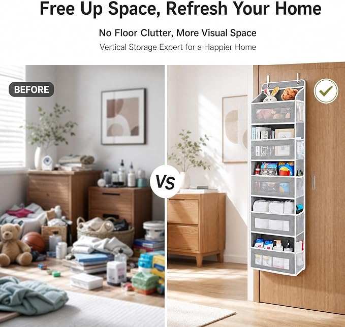 FUSHITON Over The Door Organizer with Anti-Tilt Design, 5 Shelf Hanging Grey Storage Rack Holds 44lb, Large Capacity Pockets for Bedroom Bathroom Pantry Nursery
