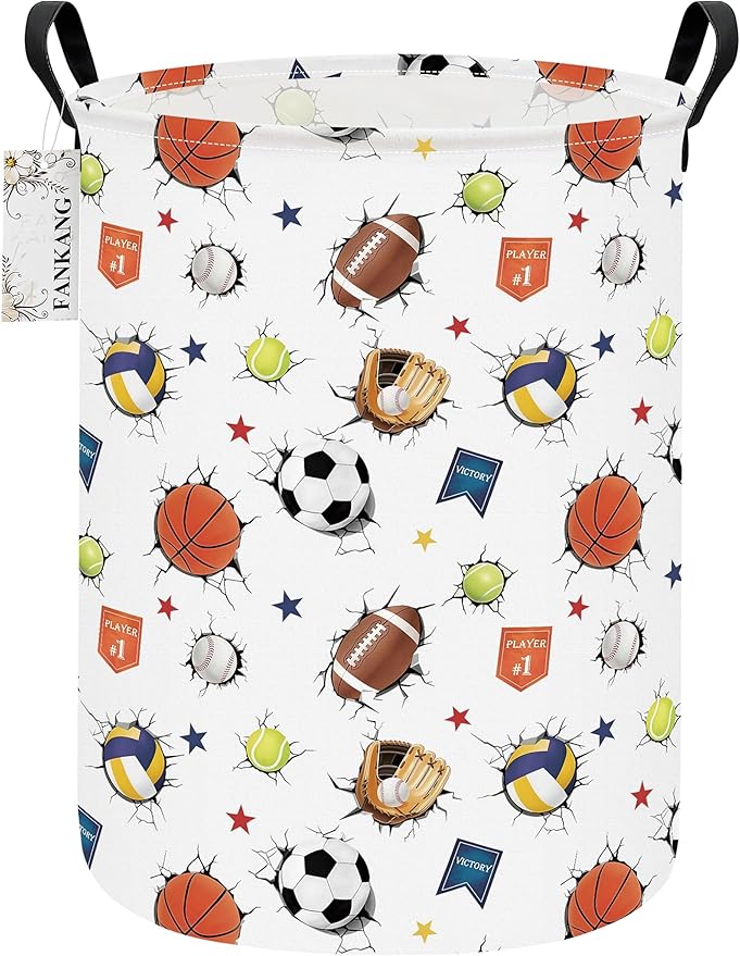 FANKANG Storage Basket, Nursery Hamper Canvas Laundry Basket Foldable with Waterproof PE Coating Large Storage Baskets for Kids Boys and Girls, Office, Bedroom, Clothes,Toys(3D Sports Balls)
