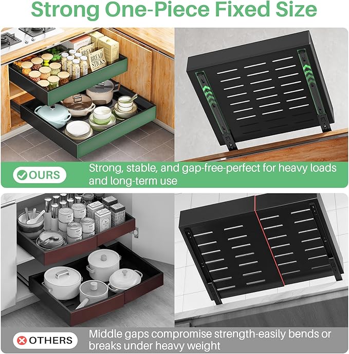 Kitstorack 2Pack Pull out Cabinet Organizer, 21" Deep, Heavy Duty Full-extension Slide out Drawers for Kitchen Cabinet, Roll out Shelf Storage with Nano Adhesive for Pots, Bathroom, Pantry,Home,Black
