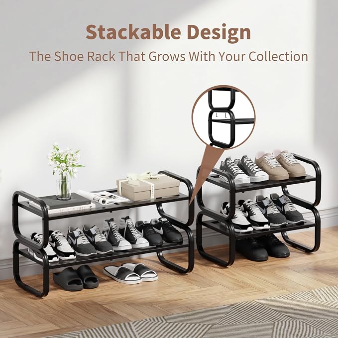 2 Tier Shoe Rack - Expandable Shoe Organizer for Closet, Adjustable Metal Shoe Shelf Storage, Stackable Long Shoe Stand Holder for Garage, Entryway, Door Entrance