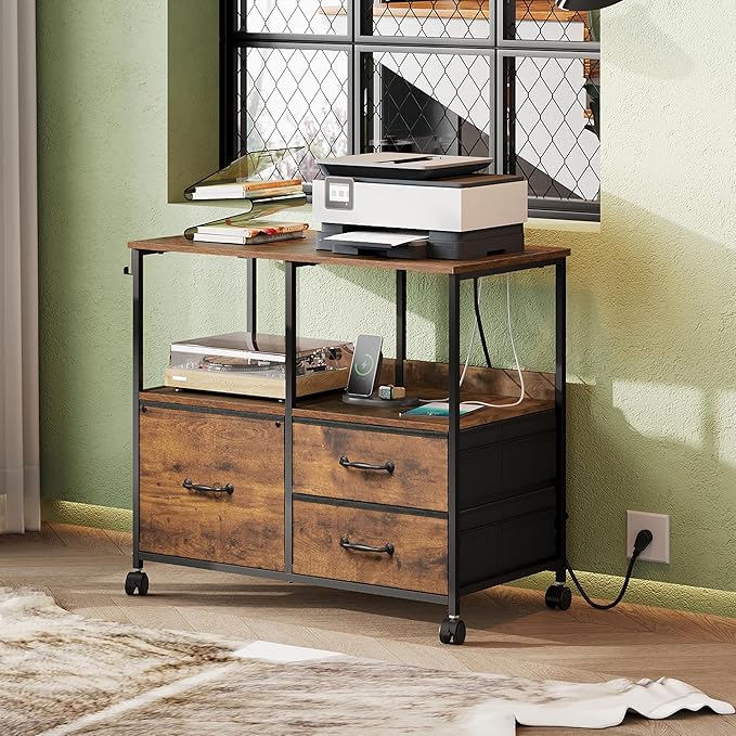DEVAISE 3 Drawer Mobile File Cabinet with Storage Shelf, Charging Station | Rolling Printer Stand, Fabric Lateral Filing Cabinet fits A4 or Letter Size, Adjustable Shelf for Home Office, Rustic Brown