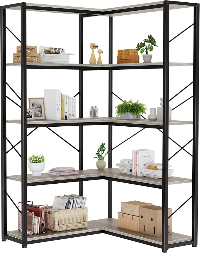 Shintenchi 5 Tier Corner Bookshelf,L Shaped Bookcase,Large Etagere Bookcase,Corner Shelf Display Storage Rack with Metal Frame for Living Room Bedroom Office,Grey