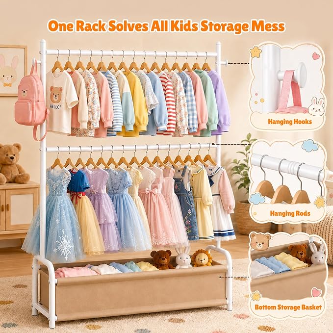 Kids Clothing Rack with Double Rod, Storage Basket & Hooks, Height Adjustable Kids Clothes Rack, Portable Baby Dress Up Garment Rack for Princess Dresses, White