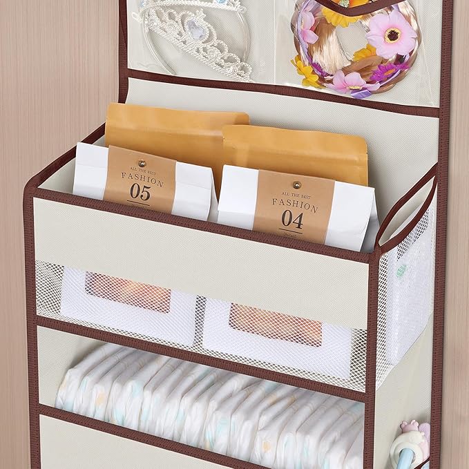Univivi Over The Door Organizer - Wall Mount Hanging Organizer with 5 Large Compartments, 2 Small PVC Pockets and 8 Mesh Side Pockets for Cosmetics, Toys and Sundries (Beige)