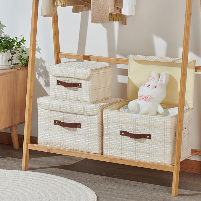 Storage Boxes with Lid 3D Textured Fabric Storage Bins Organizer Containers Decorative Collapsible Washable Shelf Baskets Faux Leather Handles for Home Bedroom Closet (Beige, Small Size)