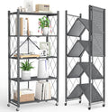Fenbeli Foldable Shelves with Wheels - 5 Tier Folding Shelf, Collapsible No Assembly Metal Shelving Unit, Origami Storage Shelves & Rolling Storage Rack with 8 Hooks for Kitchen Pantry Garage