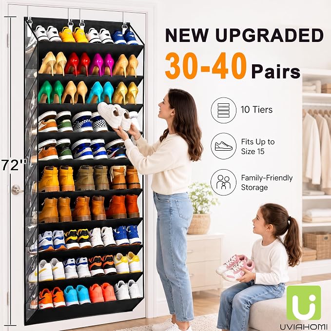 UVIAHOMI 30-40 Pairs Over the Door Shoe Organizer, Clear Pockets Hanging Shoe Storage for Closet, 10-Tier Door Shoes Rack, Handing Shoes Holder Fit All the Family's Sneakers, Boots, Heels, Black