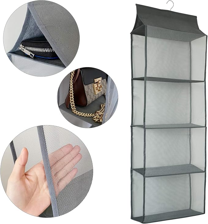 Closet Handbag Purse Holder, Space Saving Hanging Handbag Storage Tote Bag Organizer Holder with 4 Large Heavy-Duty Mesh Shelves for Wardrobe Closet(Pack of 2 Gray)