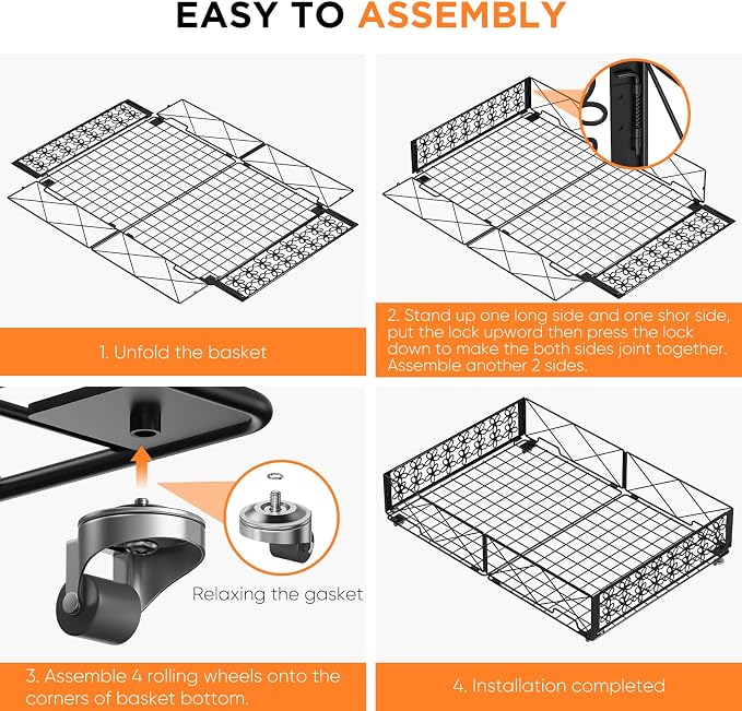 Under Bed Storage with Wheels, Rollable Under Bed Storage Container, Foldable Metal Under Bed Organizer for Bedroom Clothes Shoes Blankets Storage (2black, Black)