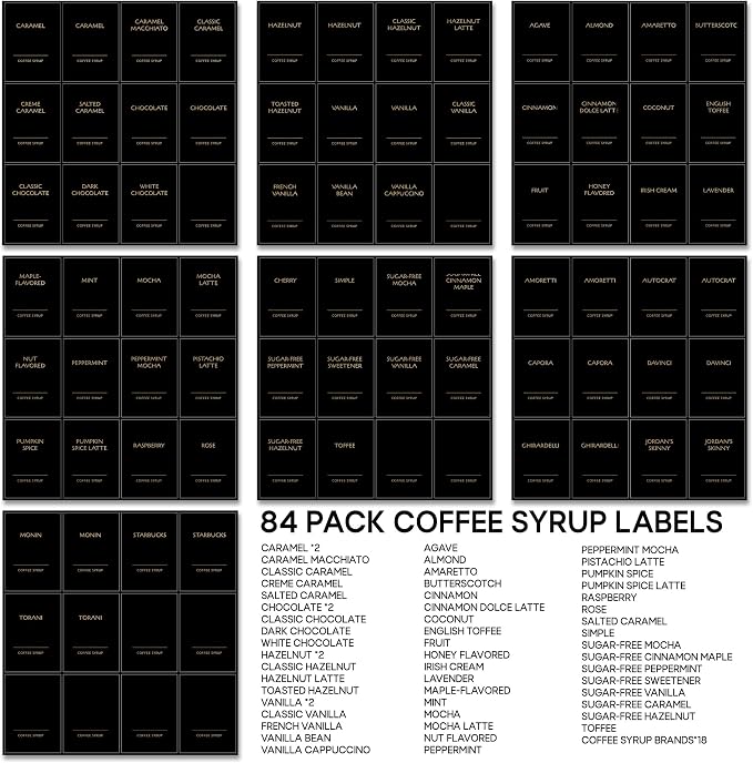 KYONANO 84 Coffee Syrup Labels for Coffee Bar Accessories, Luxury Pattern Décor for Coffee Station, Waterproof Coffee Labels for Coffee Syrup Dispenser & Bottle Organization