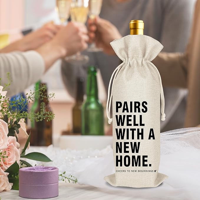 Housewarming Wine Bag - First New Home Gifts, Pairs Well with a New Home, Housewarming Party Decorations House Warming Gift for Women Men Couple Reusable Wine Wrap Bag, Realtor Client Gift (A22)