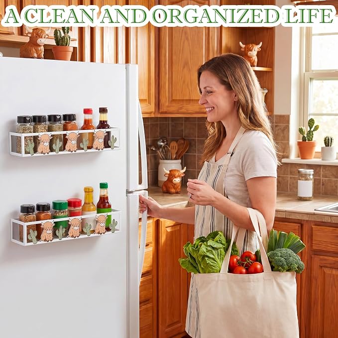 Beeveer 2 Pack Magnetic Spice Rack for Refrigerator Cute Highland Cow Cactus Farmhouse Kitchen Decor Spice Storage Rack Fridge Organizer Multi Purpose Magnet Shelf for Refrigerator Laundry Coffee Bar