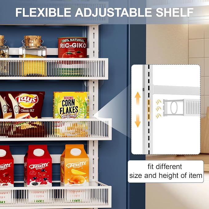 Over the Door Pantry Organizer 9 Tiers Hanging Door or Wall Mounted Spice Rack with Adjustable Acrylic Basket,Heavy Duty Metal Seasoning Storage Shelf for Kitchen Pantry and Bathroom White