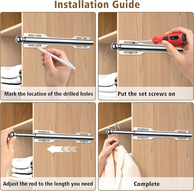 Valet Rod for Closet Pull Out, 12" Adjustable extending closet rod, Standard Retractable closet rod organization rack, Valet Clothing Hanger Rods Extender for Wardrobe Laundry Bathroom (Chrome)
