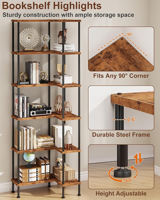 HIGDBFE 6-Tier L-Shaped Corner Bookshelf, 67" Tall Modern Corner Shelf | L-Shape Corner Fits Living Room, Bedroom, or Home Office Corners, Open Shelves, Display Rack for Books, Plants, and More