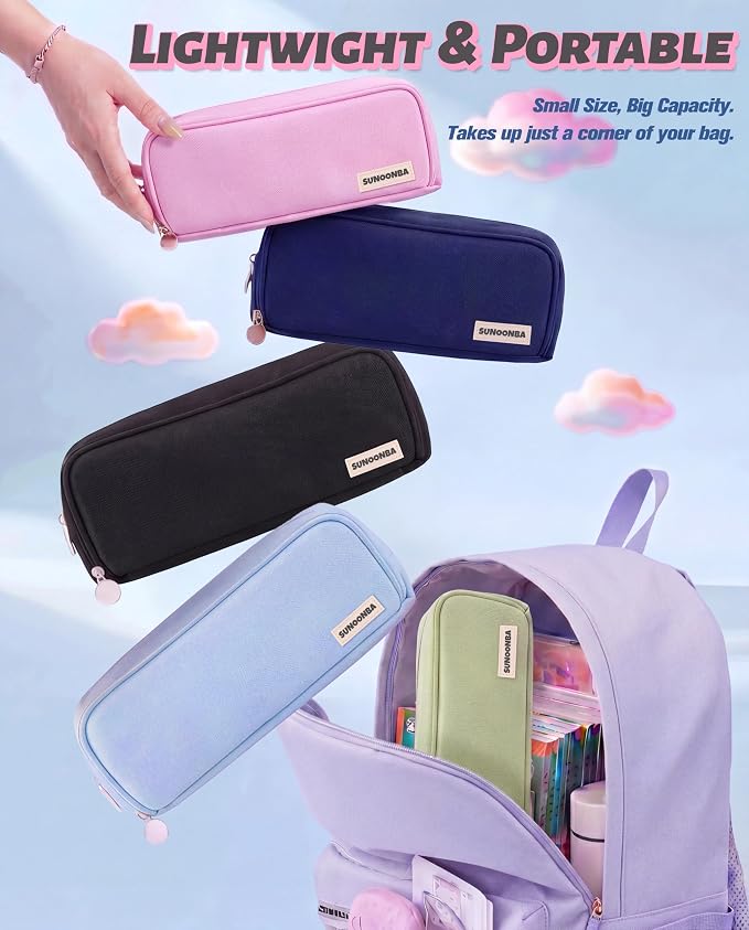 FAHZON Cute Pencil Case, 3 Large Compartments Pencil Pouch, Elastic Pen Slots&Mesh Pockets for Stationery, Pencil Bag for School Supplies with Zipper for Girls Boy Women Teens Adults-Blue