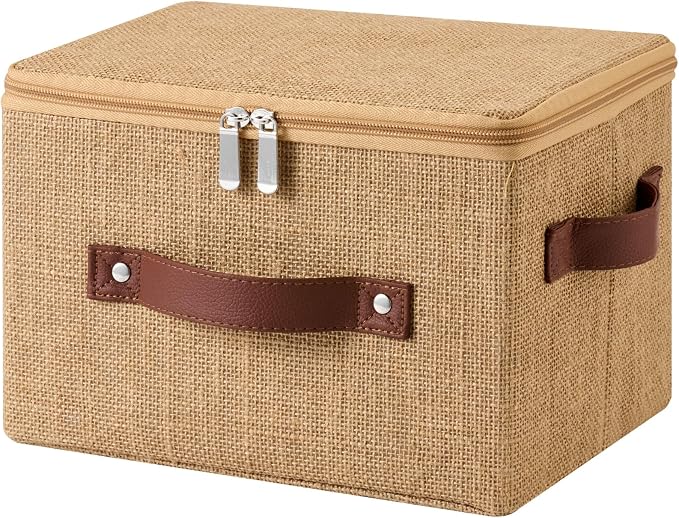 Storage Bin Box with Zippered Lid Natural Jute Decorative Basket | Foldable Washable Stackable Lidded Clothing Container, Shelf Closet Organizer, w/ PU Leather Handles & PP Boards, Small