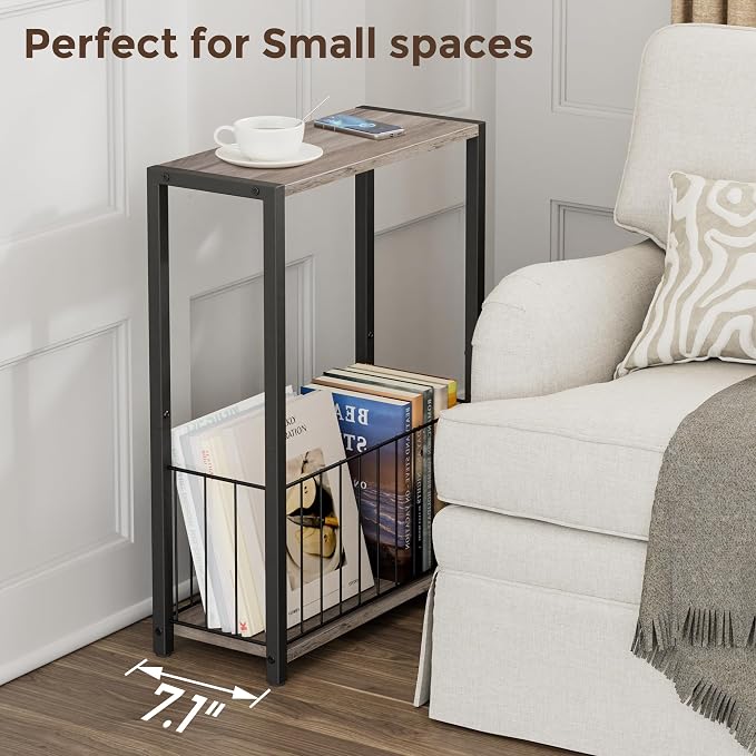 Homleke Narrow Side Table with Magazine Holder, Skinny End Table | Space-Saving Design, Small Spaces, Storage Shelf, Metal Frame, Easy Assembly, 7.1" D x 16.9" W x 23.6" H, Greige