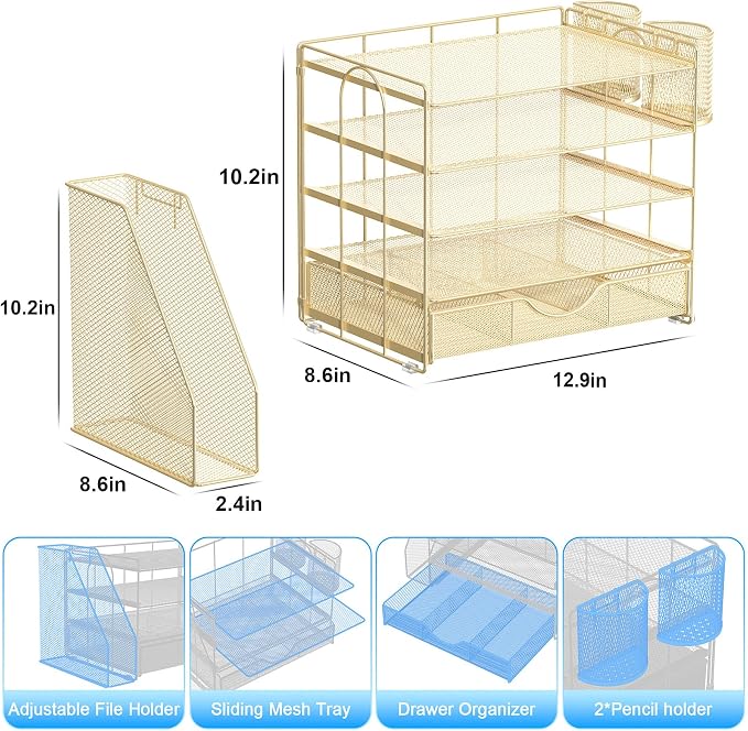 gianotter 5-Tier Desk Organizer with Drawers, File Holders, Letter Trays and Pen Holders - Workspace Accessories for Office Supplies (Gold)
