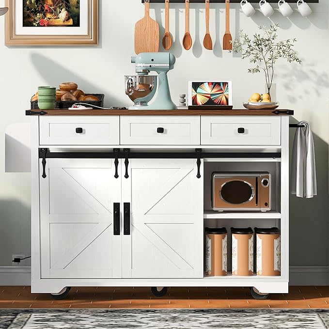Amposei Farmhouse Kitchen Island on Wheels with Drop Leaf & Power Outlet, 53.7-Inch Rolling Storage Island Cart with Drawers, Sliding Barn Door Cabinets, Spice Rack (Retro White)