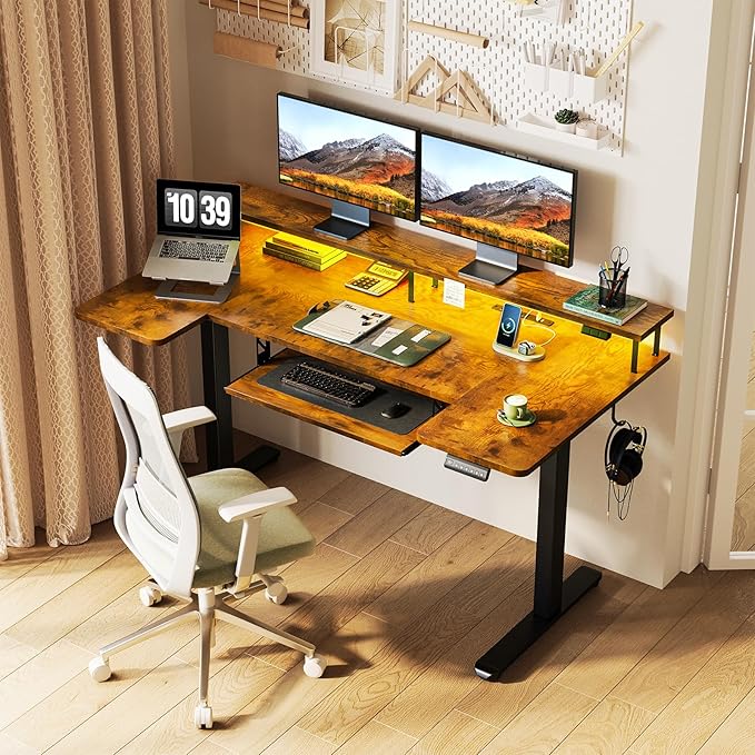 OffiGo 55 Inch U Shaped Standing Desk with Keyboard Tray, Rustic Brown | 3 Outlets & 2 USB Ports, Monitor Stand, 10 Colors & 10 LED Modes, 3 Presets, 28.3"-46.5"in Range, 154 lb Capacity