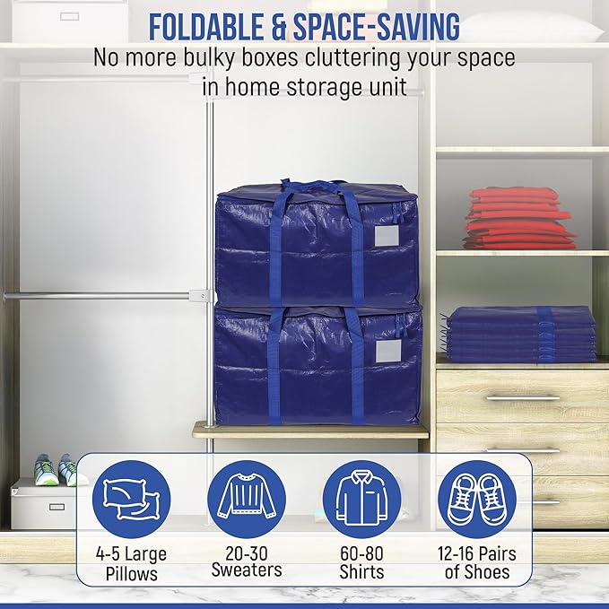 Heavy Duty Moving Bags 6 Pack, 90L Extra Large Storage Bags with Zipper & Handles, Waterproof Moving Box Alternative, Reusable Storage Bins for Clothes, Bedding, Dorm & Moving Supplies