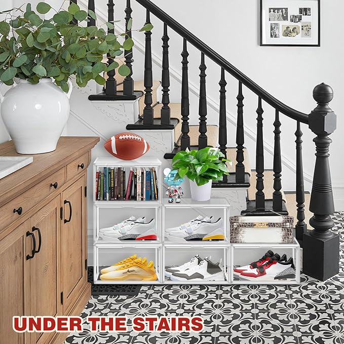 12 Pack Clear Shoe Organizer for Closet, Large Stackable Sneaker Boxes Shoe Display Box Handbag Organizer Plastic Storage Bins with Magnetic lids