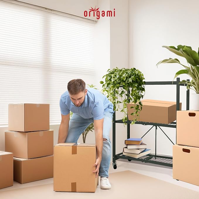 Origami 2 Pack 3 Tier Folding Shelves, Storage Shelving Rack Unit with Wheels, Pewter