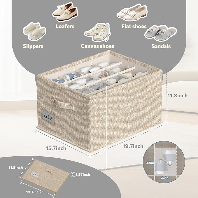2 Pack Shoe Organizer for Closet, Fits 16-32 Pairs Fabric Shoe Storage Bins Large Shoe Box Storage Containers with Bottom Support for Shoes Space Saving Shoes Holder (Beige, 19.7*15.7*11.8in)
