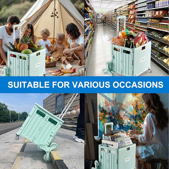 MACOPRO Foldable Utility Cart with Stair Climbing Wheels, Collapsible Rolling Crate with Telescoping Handle, Shopping Trolle Handcart Grocery Book File Tool Art Supplies Teacher Storage Basket(Green)
