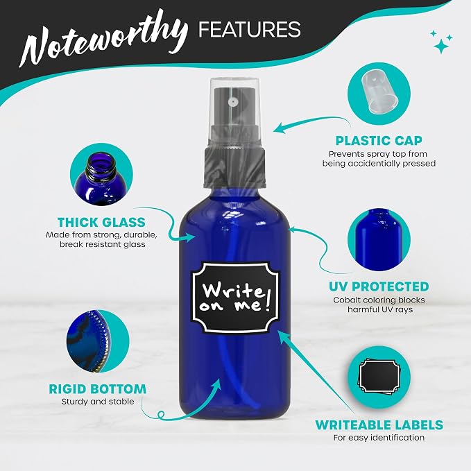 Nevlers Blue Glass Spray Bottles 4 Oz 24 Pack Practical 4 Oz Bottles | Mini Spray Bottle Small Set with Labels, Marker, Funnel, Brush & Wrap | Blue Bottle For Face & Hair Products, Essential Oils