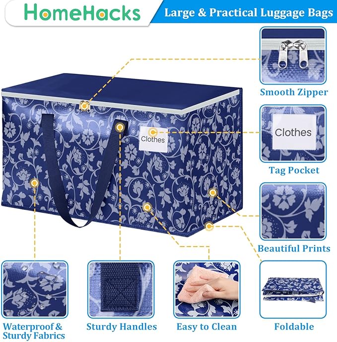 HomeHacks Moving Bags, Extra Large Size Moving Boxes, Heavy Duty Luggage Bags with Smooth Zipper and Sturdy Handles, Large Capacity & Easy Loading Storage Totes for Space Saver 88L, 10-Pack, Blue