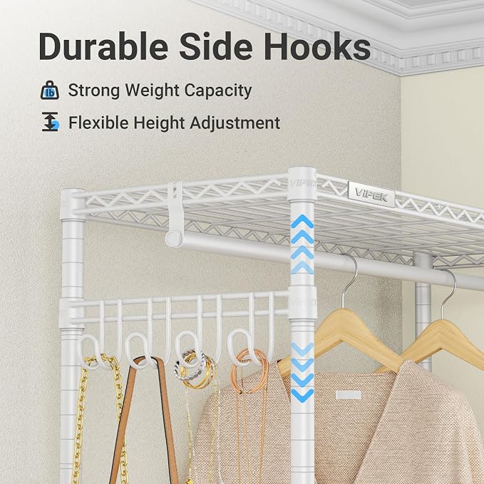 VIPEK L4 Clothes Rack L Shaped Garment Rack for Corner, 810lbs Heavy Duty Portable Closet Metal Clothing Rack, Adjustable Shelving/Sturdy Hanging Rods/Side Hooks, White