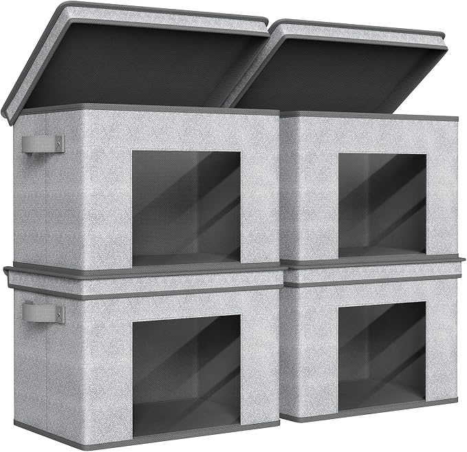 Univivi Foldable Fabric Storage Boxes Large Storage Bins with Lids [4-Pack] Collapsible Storage Cube Organizer, Closet & Bedroom Organization Containers, Home Storage Cube Box (Gray, 17“ x 12” x 12")