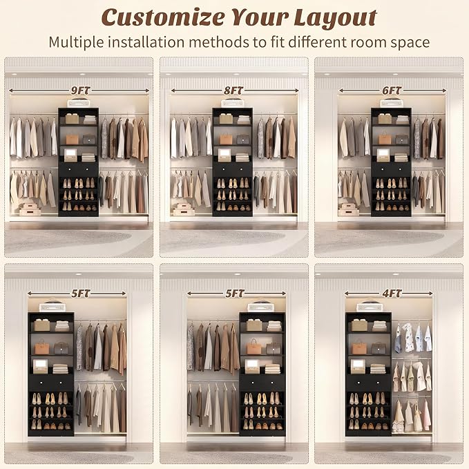 Armocity Wood Closet Organizer System - 4FT-9FT Expandable Wardrobe Closet with Drawer & 4 Hanging Rods, Heavy Duty Walk-in Closet 1000Lbs for Bedroom Walk-in Closet, Black