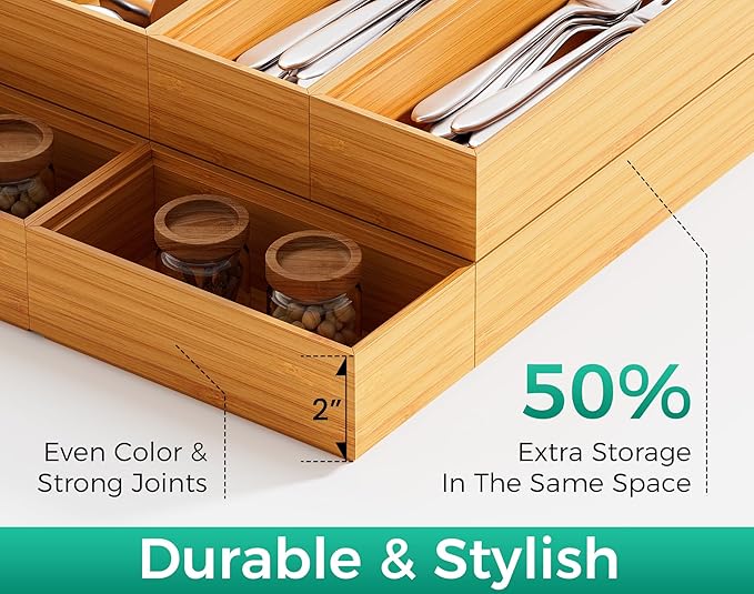 Bamboo Kitchen Drawer Organizer Boxes 12" x 3" Stackable Wooden Organizers | Set of 2 Wood Silverware Utensil Tray for Drawers Bins, Cutlery & Flatware Storage for Junk Drawer, Bathroom, RV