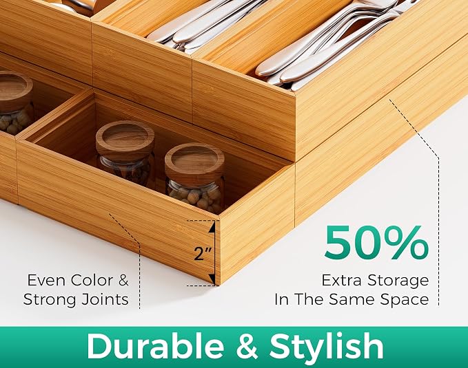 Bamboo Kitchen Drawer Organizer Boxes 12" x 6" Stackable Wooden Organizers | Set of 2 Wood Silverware Utensil Tray for Drawers Bins, Cutlery & Flatware Storage for Junk Drawer, Bathroom, RV