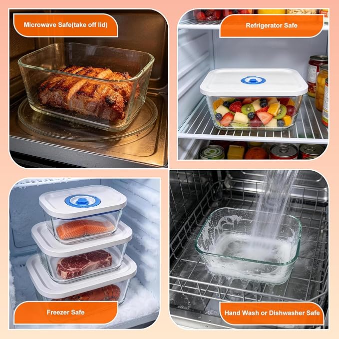 Vacuum Seal Borosilicate Glass Containers for Food Storage, 3 Sizes (S M L) Compatible with Desktop and Handheld Vacuum Sealer Machines, Airtight Lid Set