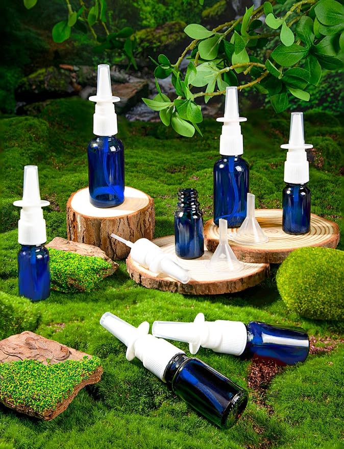10 Pcs Nasal Spray Bottle, 0.35OZ 1OZ Empty Glass Blue Nasal Spray Bottles Refillable with 2 Funnels and 2 Labels
