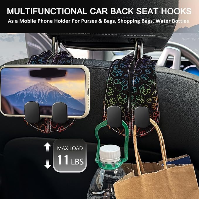 Blusabaca 2PCS Car Seat Headrest Hooks, Purses Bags Holder, Dog Paw | PU Leather, Double Metal Back Storage Hangers for Grocery Bags Handbags Bottles Coats Phones, Car Accessories Organization
