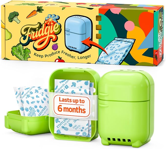 Fridgie Produce Saver, Ethylene Gas Absorber, Fresh Vegetable Saver - Green | 4 refill packets, up to 12 months, slows ripening, cuts food waste, crisper drawer, keeps lettuce, berries, herbs crisp