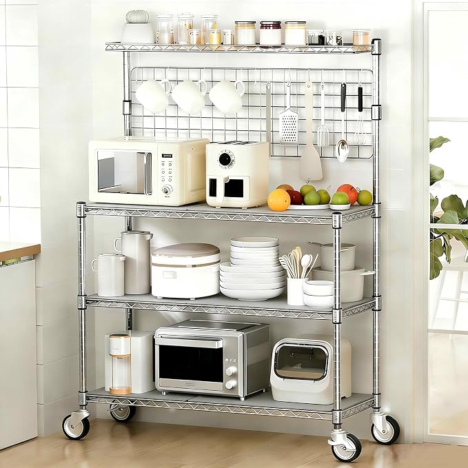 Bakers Rack with Storage & Wheels, 42In Microwave Stand Kitchen Shelves | 4-Tier Heavy Duty Storage Rack with 20 S-Hooks, Commercial Metal Utility Kitchen Cart, 42× 18× 63 Inch, Chrome