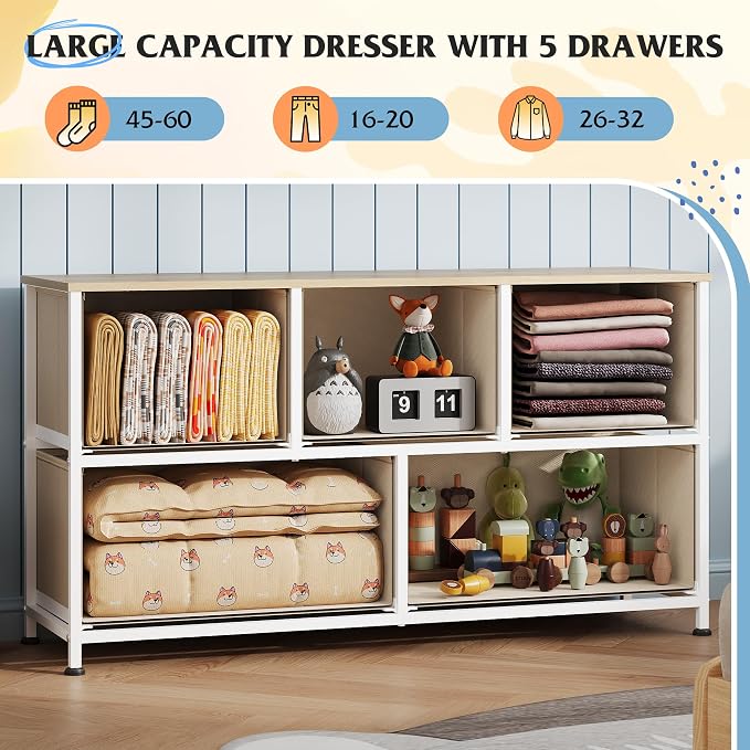 WLIVE Dresser for Bedroom with 5 Drawers, Wide Chest of Drawers, Fabric Dresser, Storage Organizer Unit with Fabric Bins for Closet, Living Room, Hallway, Cream White
