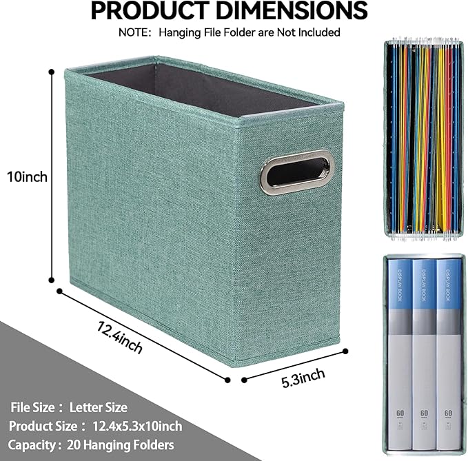 4 Pack Letter Size File Storage Box Collapsible, Fabric Hanging File Folders Organizer, Portable Office Document Holder with Metal Handle, Smooth PVC Rails, Green
