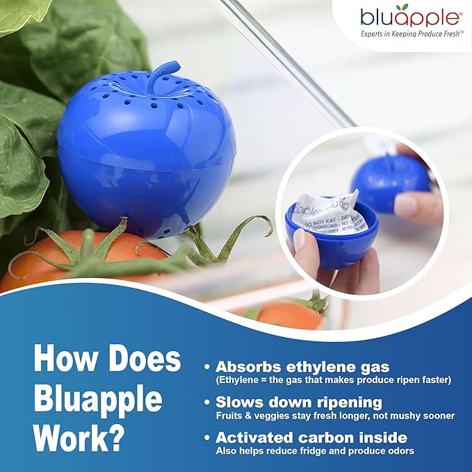 Bluapple Produce Saver with Activated Carbon - Ethylene Gas Absorber, Keep Fruits & Vegetables Fresh Longer, Minimize Food Waste, Refrigerator Odor Absorber, Produce Storage Extends Shelf Life, 2 Pack
