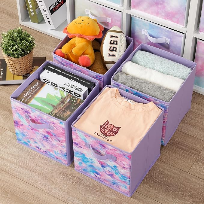Stero Fabric Storage Cubes, 6 Pack Foldable Storage Bins with Handle, 11 Inch Box for Shelves, Closet, Organizer, Tie-dye Purple