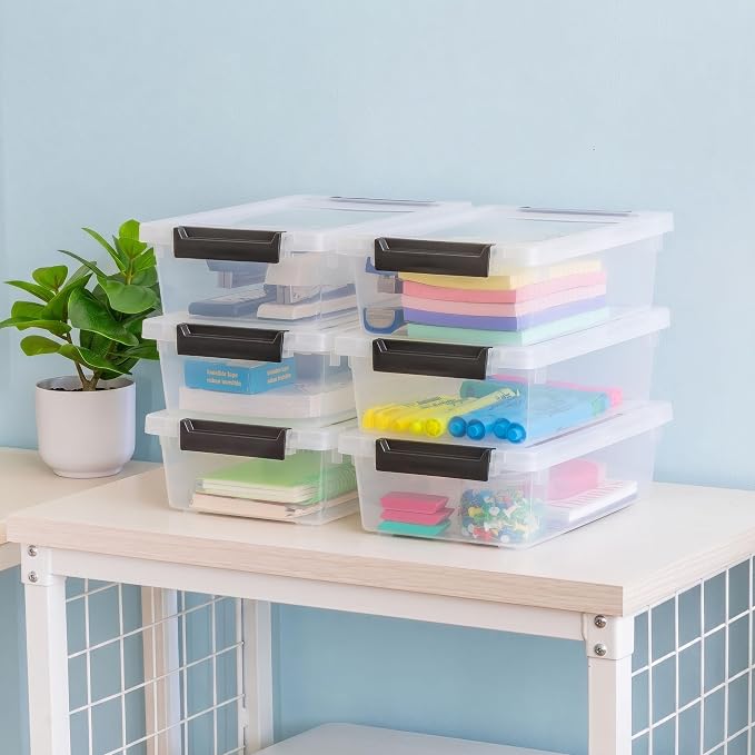 IRIS USA 2 Qt. Craft Storage Bins with Lids, 6-Pack, |Made in USA|, Clip Box, Small Plastic Sensory Bin Tote Organizer Containers for Art Supplies, Paper, & Office, Stackable - Clear/Black