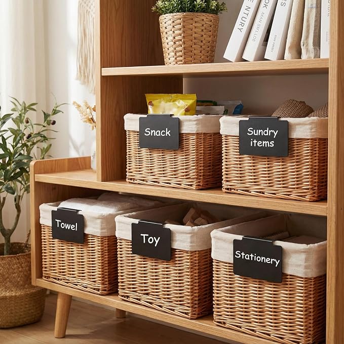 Chinco 80 Pcs Basket Label Clips Set Include 76 Removable Kitchen Clip Label Holder PVC Storage Bin with 4 Chalk Markers for Basket Kitchen Pantry Organization (Black Clip, White Pen)
